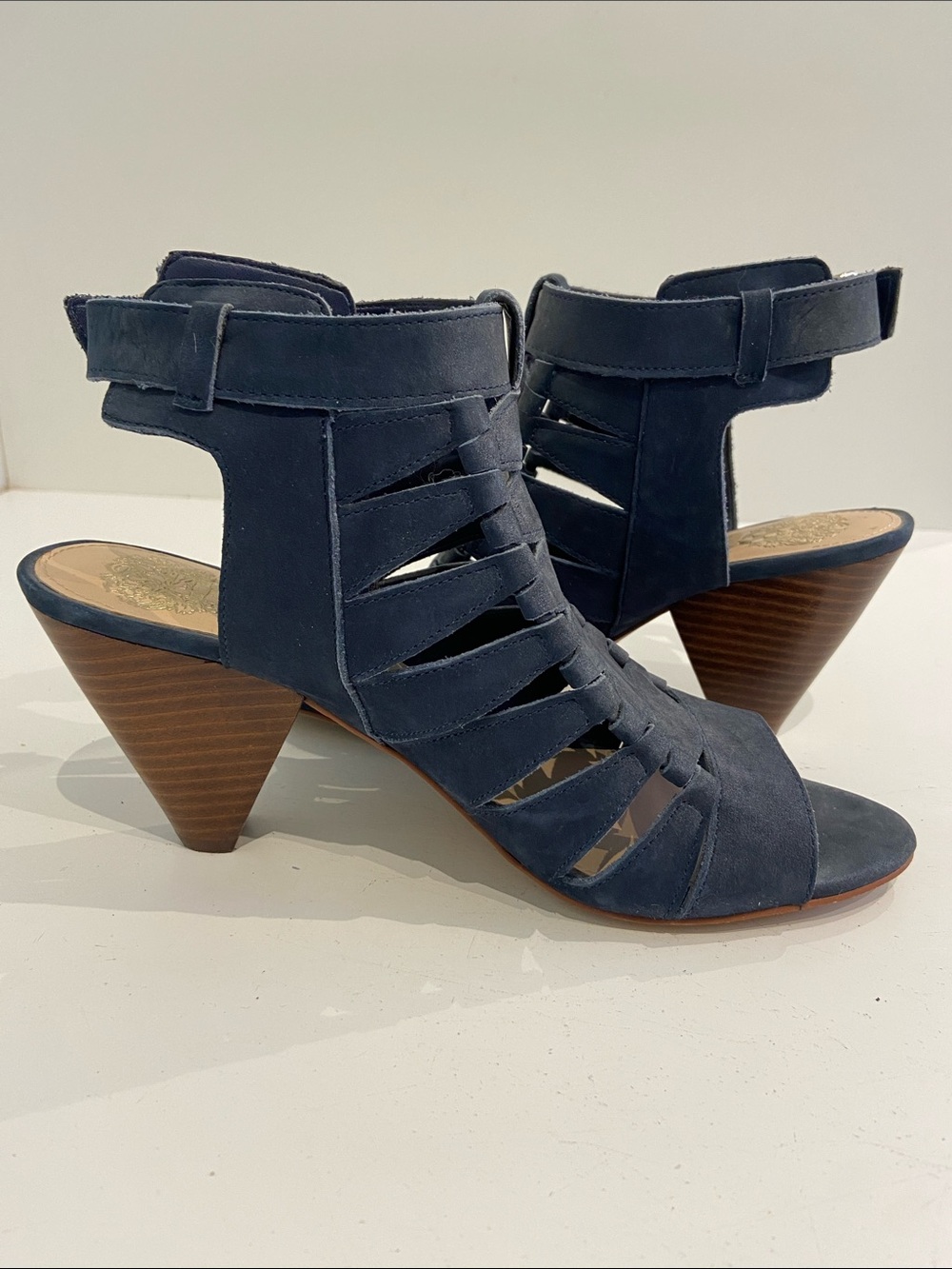 Vince Camuto Navy Suede Strappy Cone Heel Booties. Size 7.5M